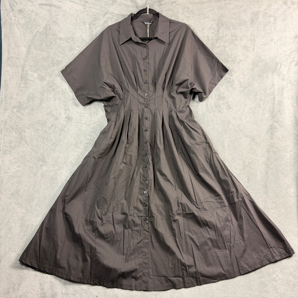 Yeokou Womens XL Black Shirt Dress Short Sleeve Pleated Waist Office Siren Boho